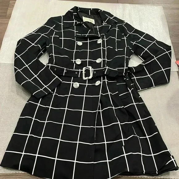 [XL/USM]MaxMara Double Breasted Black/White Cotton Mid-Length Belted Trench Coat - Picture 2 of 6